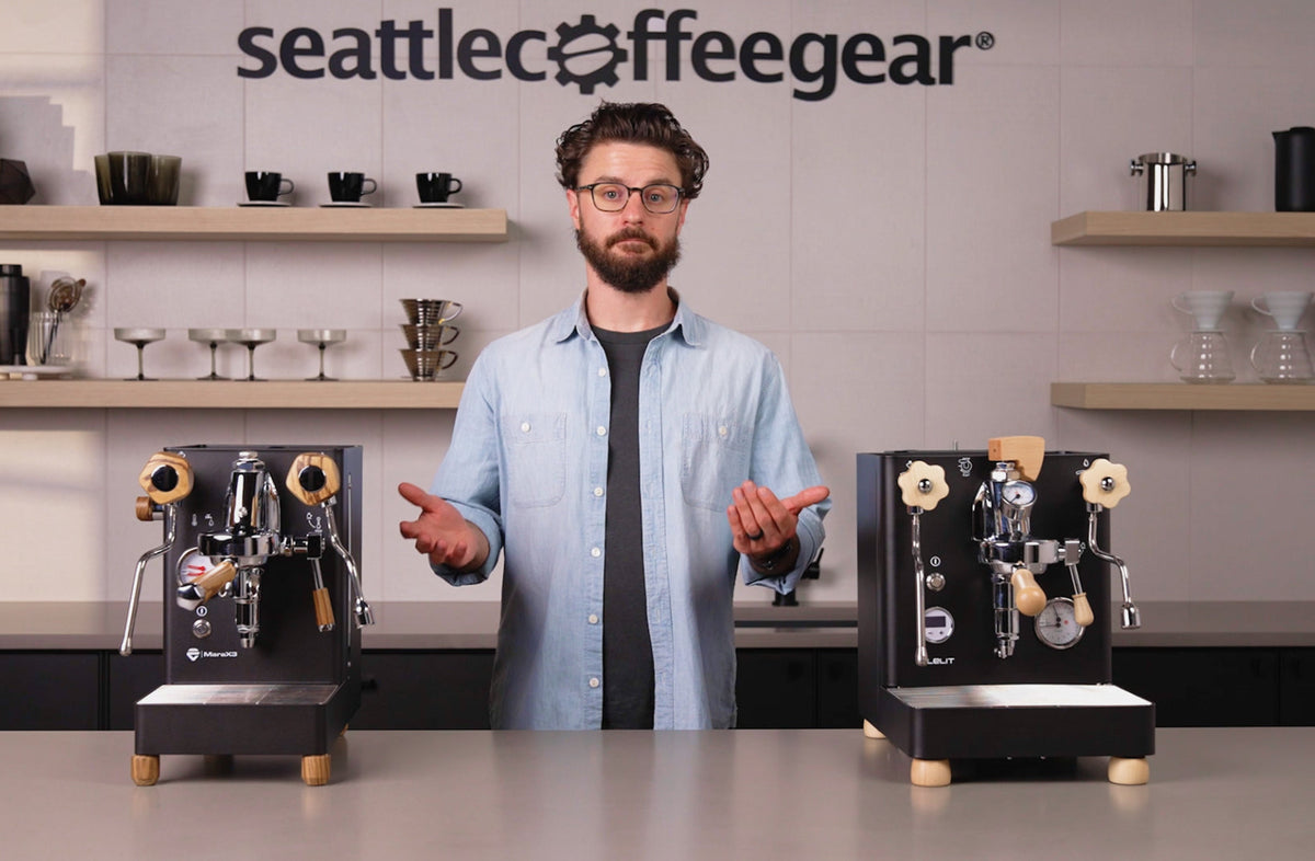 LELIT Mara X3 and LELIT Bianca espresso machines side by side on a counter - Seattle Coffee Gear