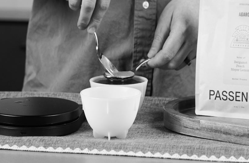 Person brewing pour over coffee outdoors using an AeroPress, with a bag of Passenger Coffee nearby