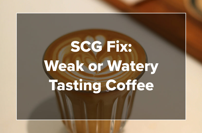 An overhead shot of a latte in a glass with text reading SCG Fix: Weak or Watery Tasting Coffee