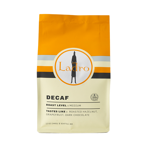 Sincere picture of the packaging for Caffe Ladro Ladro Decaf coffee roast.