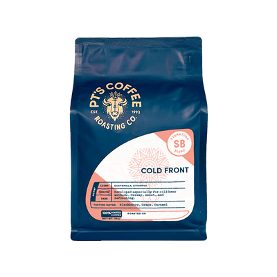 Mesmerizing picture of the packaging for PTs Coffee Cold Front coffee roast.