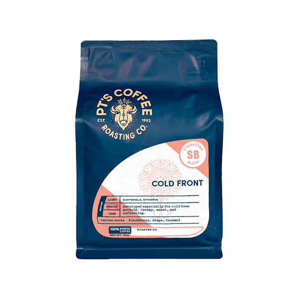 Mesmerizing picture of the packaging for PTs Coffee Cold Front coffee roast.