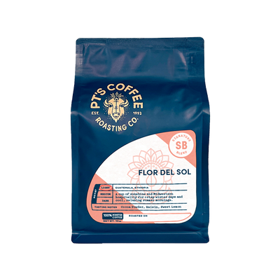 Sincere picture of the packaging for PTs Coffee Flor del Sol coffee roast.