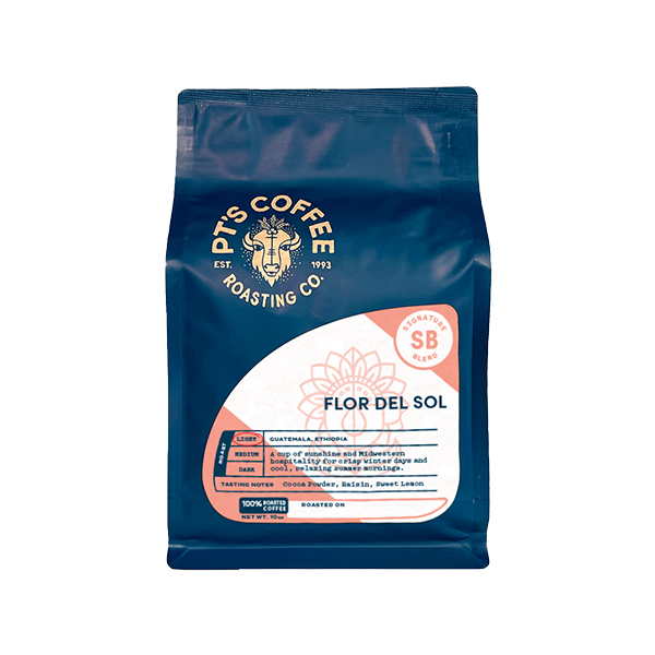 Sincere picture of the packaging for PTs Coffee Flor del Sol coffee roast.