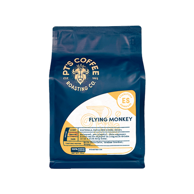 Mesmerizing picture of the packaging for PTs Coffee Flying Monkey Espresso coffee roast.