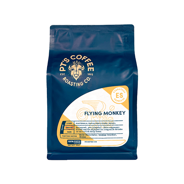 Mesmerizing picture of the packaging for PTs Coffee Flying Monkey Espresso coffee roast.