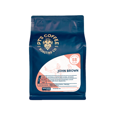 Sincere picture of the packaging for PTs Coffee John Brown coffee roast.