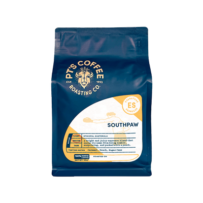 Sincere picture of the packaging for PTs Coffee Southpaw Espresso coffee roast.