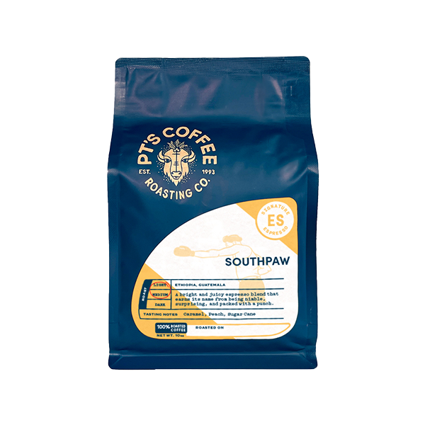 Sincere picture of the packaging for PTs Coffee Southpaw Espresso coffee roast.